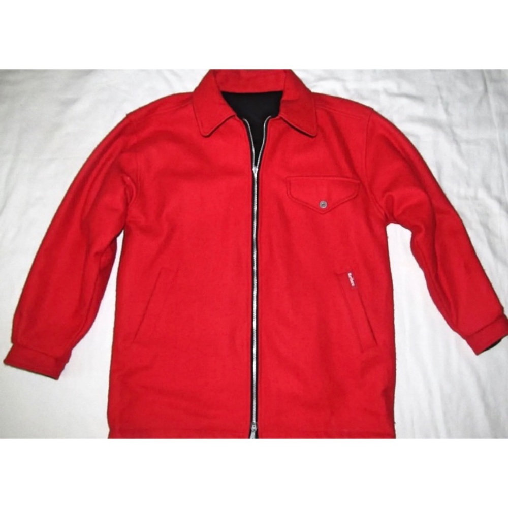 90's Men's Red and Black Reversible Wool Jacket by Marlboro